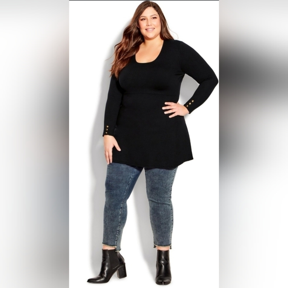 Black Tunic Sweater With Gold Button Accents On Sleeve Cuff